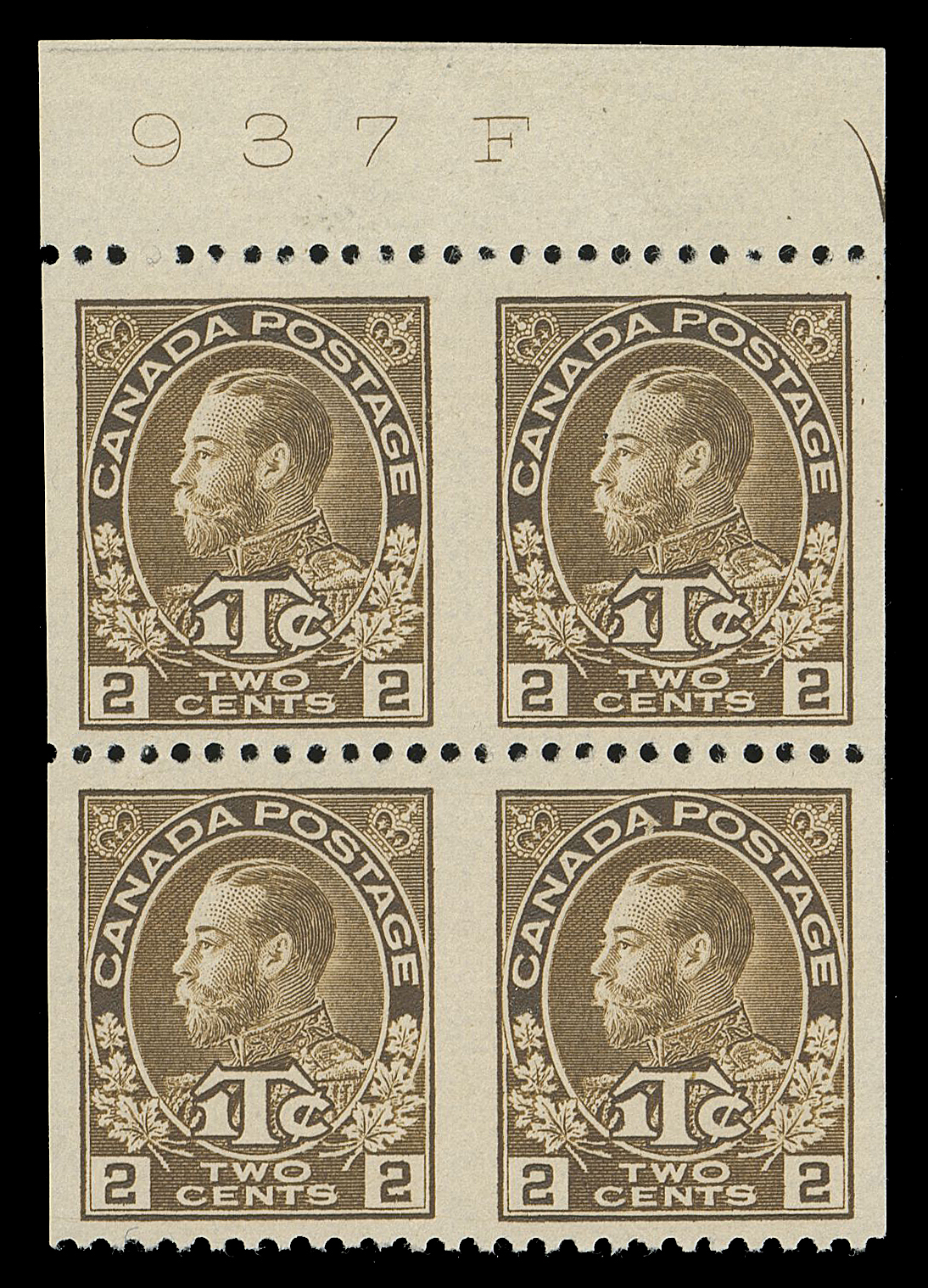 ADMIRAL STAMPS  MR4ii,A top margin block imperforate vertically, well centered and showing printing order number "937F" (from Plate 15 or 16) and portion of guide arrow at top, choice and appealing, VF (Unitrade cat. as two pairs alone)