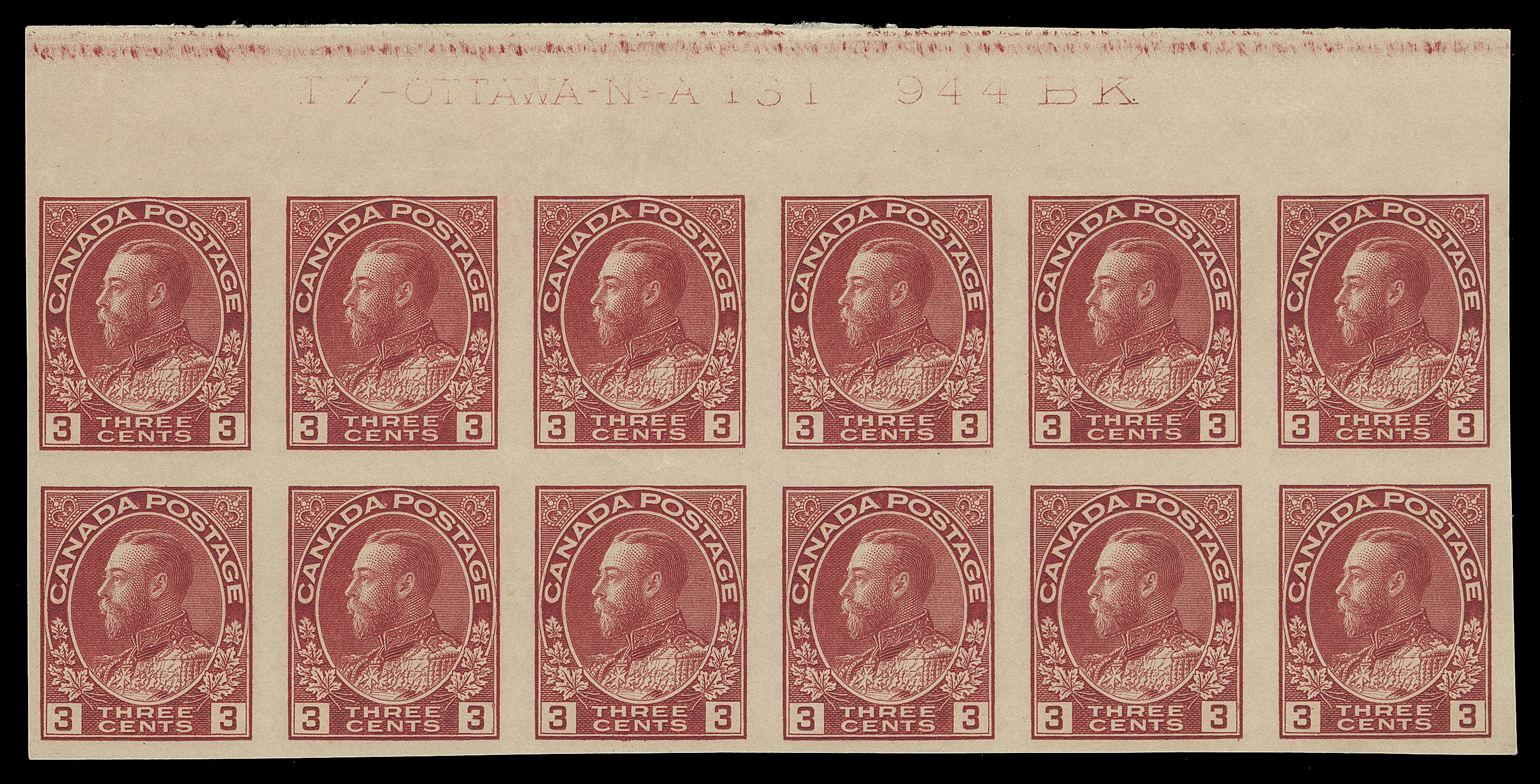 ADMIRAL STAMPS  138,A very rare Plate 131 (not regularly issued) mint Upper Left block of twelve, nice impression of the full plate imprint with band of colour at top edge, hinged in margin and two stamps in top row, other ten stamps NH. Only six plate multiples are reported (four from UL and two from UR panes), VF (Unitrade cat. $3,000 for a hinged block of eight)

Provenance: Ed Richardson, Maresch Sale 101, April 1978; Lot 316

