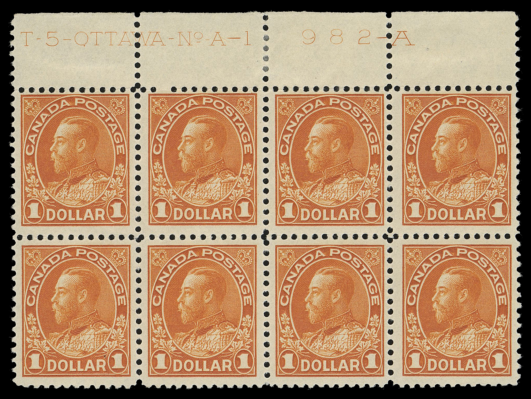 ADMIRAL STAMPS  122b,An impressive plate block of eight showing complete Plate 1 imprint, the distinctive wet printing in the deeper shade, hinged in selvedge only, all eight stamps are NH. A rarely seen plate block especially desirable showing the full imprint, F-VF (Unitrade cat. $8,000)

Plate blocks of wet printings are considerably scarcer, with clearer and sharper imprints than those of the dry printings.

Provenance: Abe Charkow, Part 2, Eastern Auctions Ltd., December 1995; Lot 585
