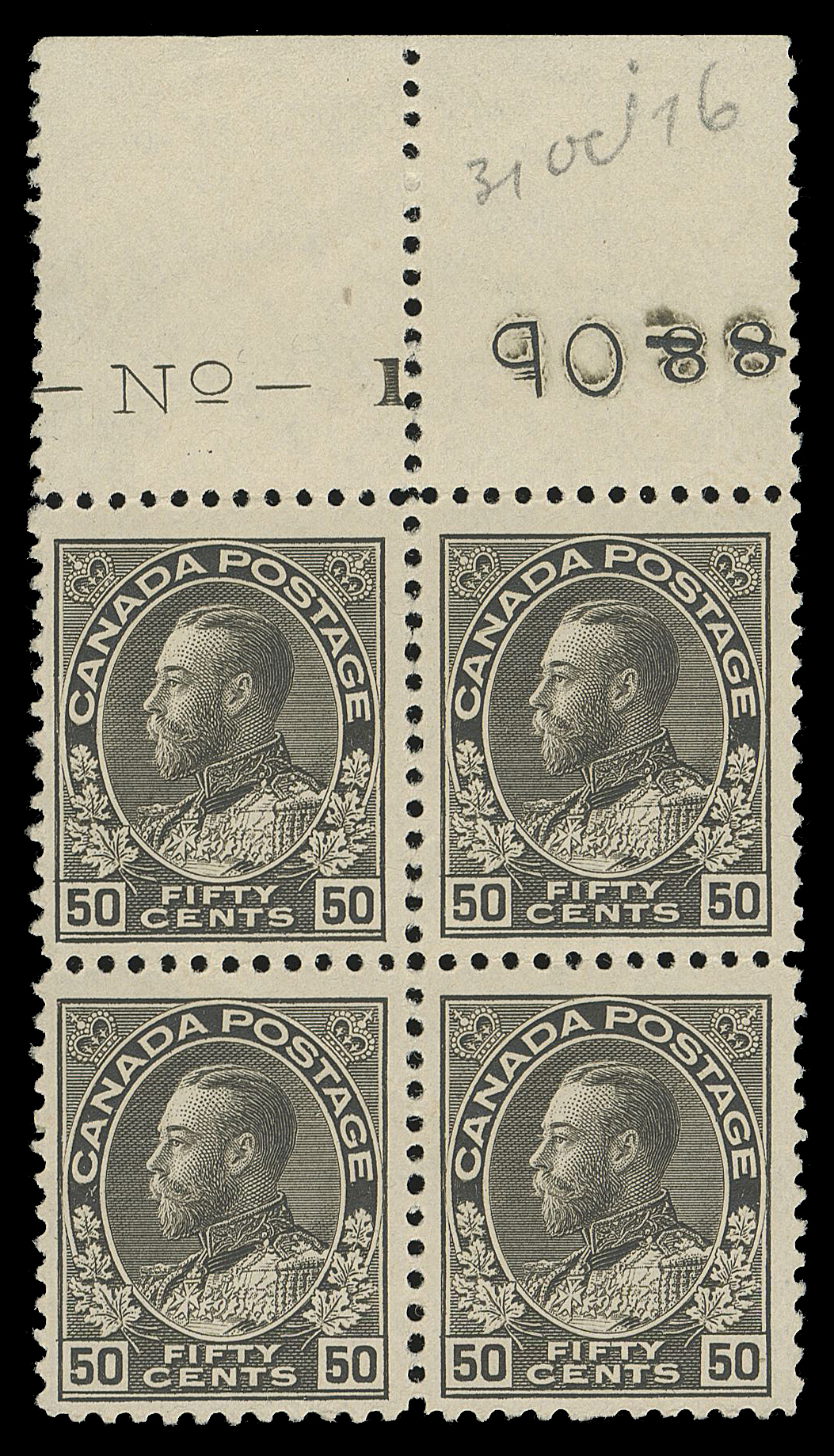 ADMIRAL STAMPS  120a,A mint block showing large part plate imprint with "No. - 1" and printing order "88" punched out (replaced with either "101" or "193"), trace of hinging in ungummed portion of the selvedge, light diagonal gum bend of natural cause, all stamps NH, the top right being unusually choice. A very scarce plate block, F-VF NH (Unitrade cat. $6,960)