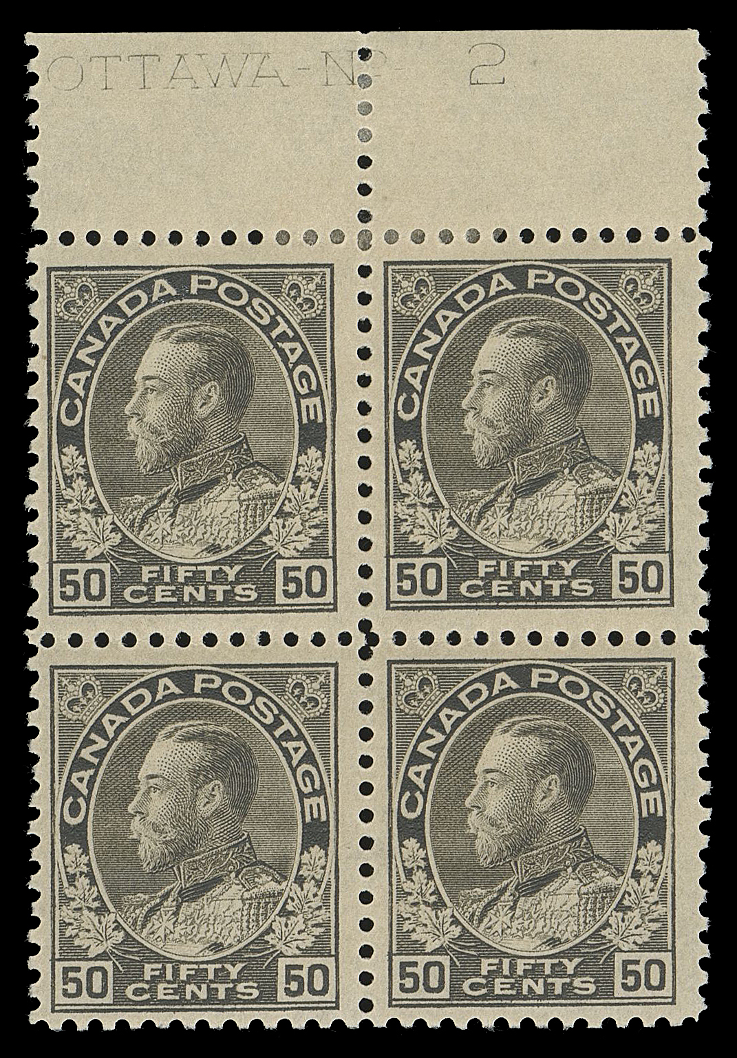 ADMIRAL STAMPS  120i,A very rare Plate 2 block displaying the distinctive late stage of the plate known as the silver black shade, hinged in selvedge just touching top pair otherwise pristine original gum with lower pair NH. Only six Plate 2 blocks (of any shade, and none larger) are reported in Glen Lundeen