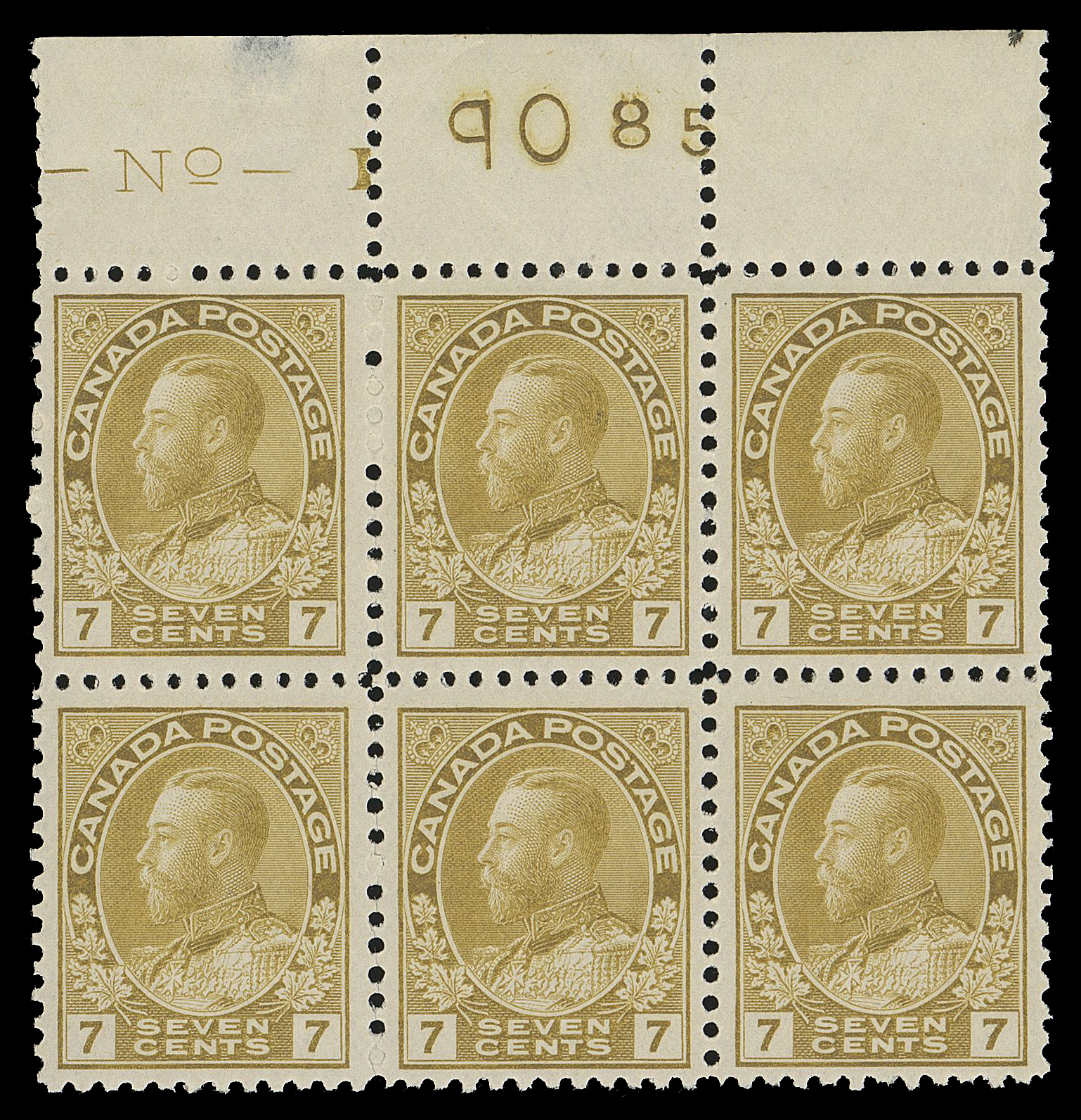ADMIRAL STAMPS  113b,A remarkably well centered block of six with large part of plate "No. - 1" imprint and printing order number "85" at right, in the unmistakable early Straw shade; natural diagonal gum bend on right pair and vertical perforations partly severed between first and second columns, small thin in selvedge, all stamps NEVER HINGED. One of the key shades of the Admiral series, VF NH (Unitrade 113b; cat. $8,400)