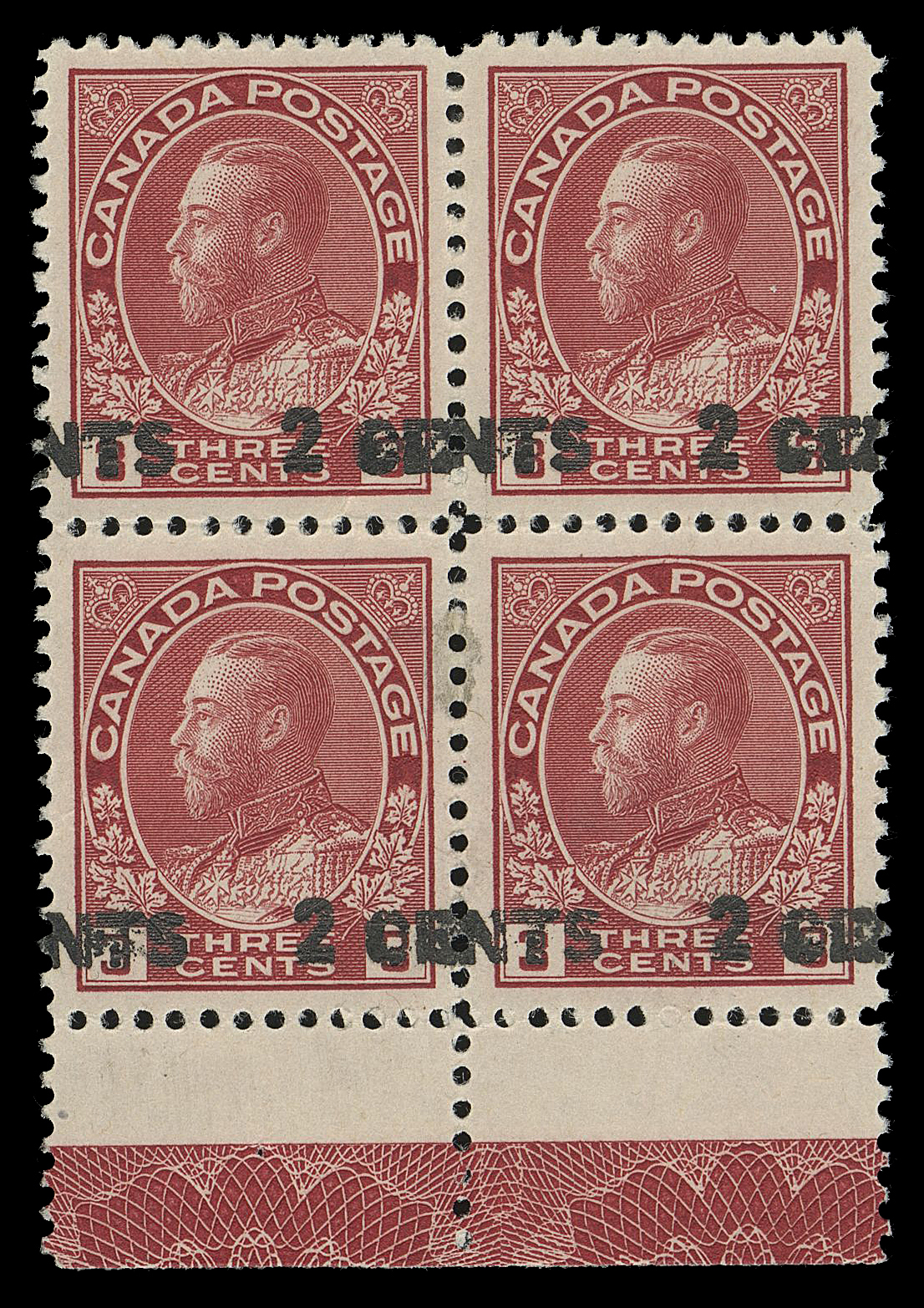 ADMIRAL STAMPS  139i,An extremely well centered mint block with shifted surcharge, showing full strength Type D lathework, LH at top, some gum glazing on lower pair (small area shows through), a very scarce surcharged lathework block, VF

Provenance: Harry Lussey, Maresch Sale 131, June 1981; Lot 1301