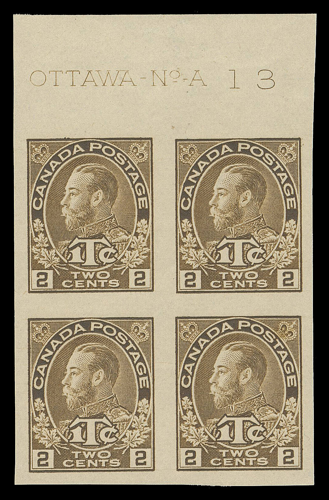 ADMIRAL STAMPS  MR4b,A very rare Plate 13 imperforate block of four showing complete plate imprint, ungummed as issued, VF and choice

Provenance: C.M. Jephcott (private sale, circa. 1980s)
