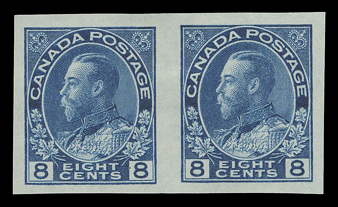 ADMIRAL STAMPS  115a,A brilliant fresh imperforate pair with large margins, remarkably choice in sound condition. Much nicer than most eight cent imperforate pairs we have seen, VF+ LH