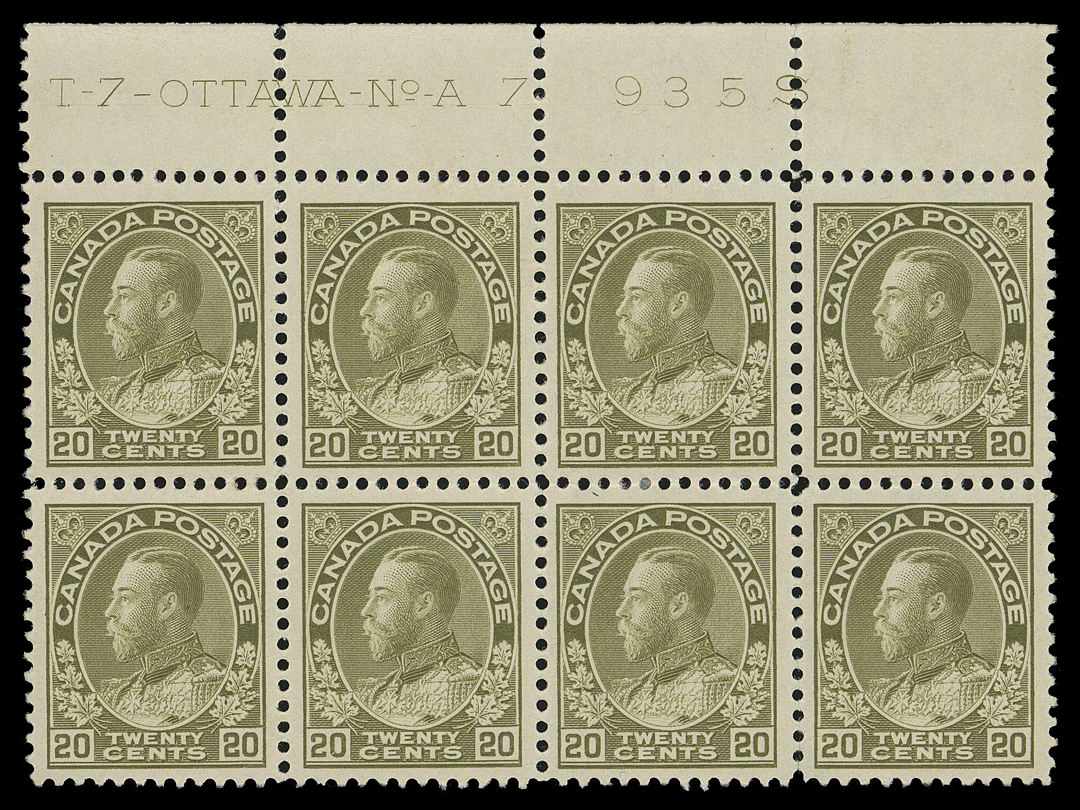 ADMIRAL STAMPS  119,A very scarce, well centered Plate 7 block of eight, brilliant colour, perf separation between third and fourth columns, tiny thin on lower right stamp, LH in selvedge and two stamps in third column, five stamps NH. A beautiful plate block especially desirable with such superior centering, VF+ (Unitrade cat. $2,700)

Provenance: George Marler, Maresch Sale 144, September 1982; Lot 509