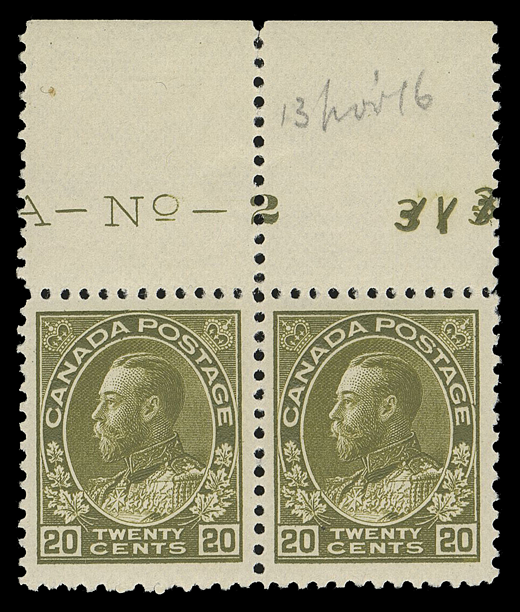 ADMIRAL STAMPS  119c,A selected mint pair showing large portion of imprint "A - No. 2" with printing order number "313" punched out, nicely centered with large margins, LH in selvedge, both stamps VF NH; penciled "13 Nov 