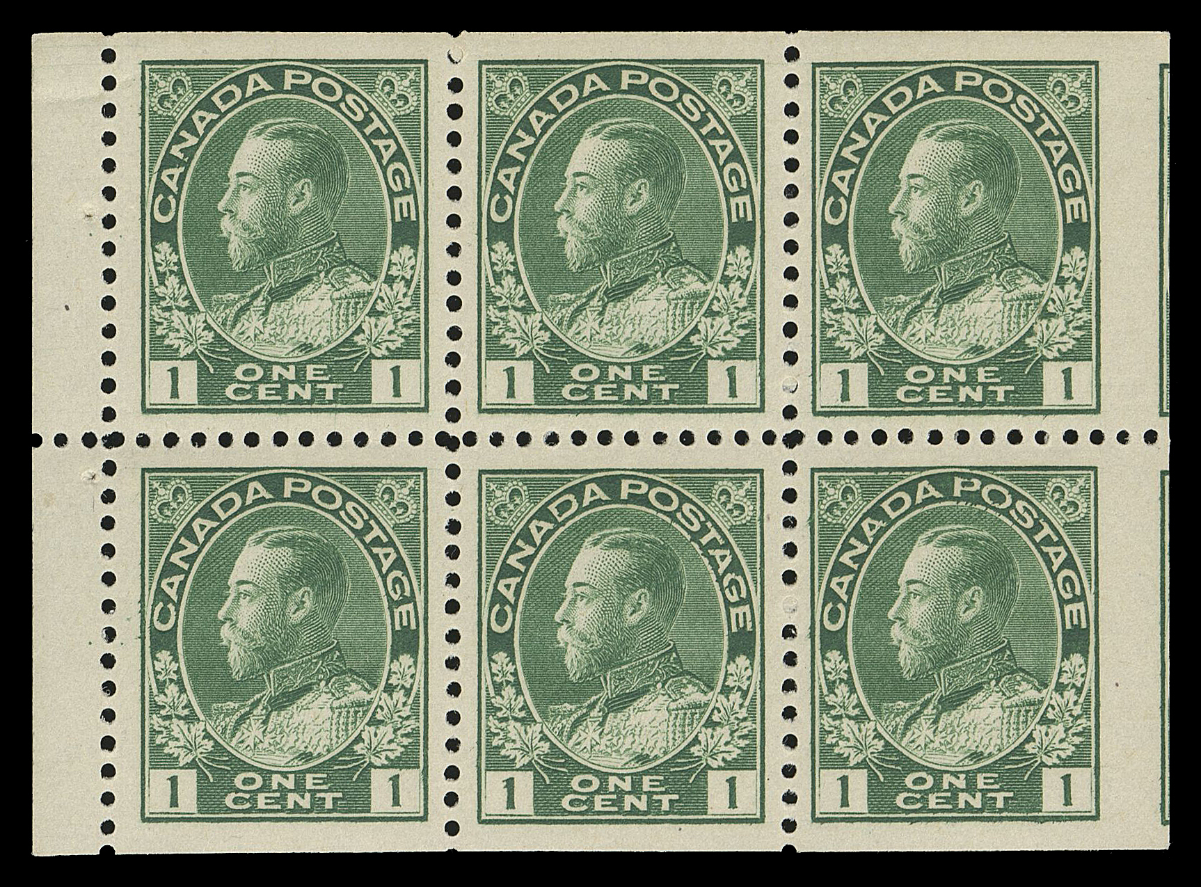 ADMIRAL STAMPS  141f variety,A very well centered mint booklet pane of six, mis-guillotined resulting in small portion of tête-bêche pane visible at right, appealing and unusual, VF LH