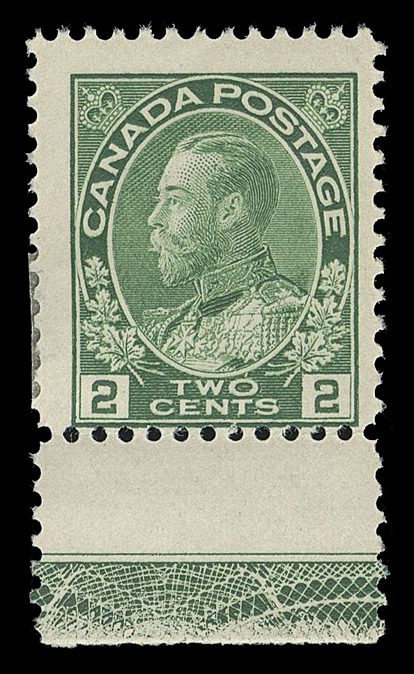 ADMIRAL STAMPS  107,The extraordinary INVERTED TYPE C LATHEWORK. An exceedingly rare mint example - THE ONLY REPORTED EXAMPLE, bright fresh colour associated with first printing in 1920; small hinge remnant at bottom left of the stamp, near full strength impression of the Type C lathework unmistakably INVERTED. Very little is known about this rarity, which is much under-rated and undercatalogued. Found in the 1990s and sold privately to Glen Lundeen. A must-have for anyone attempting to complete a collection of these popular lathework impressions, Fine OG

Provenance: Discovered by Bill Coates
Coates & Coates (Capex 