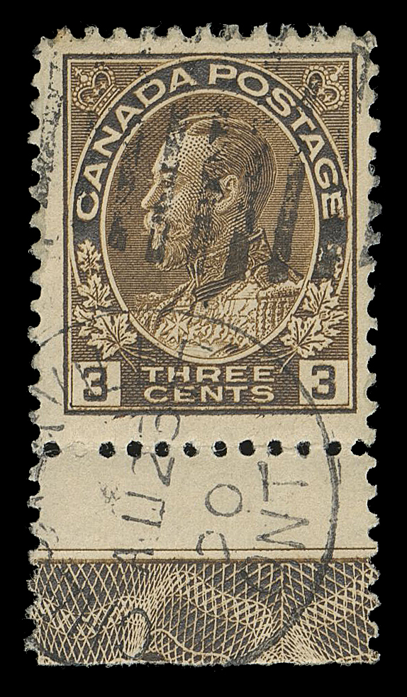 ADMIRAL STAMPS  108,Type E Special - the "Holy Gail" of all Admiral Lathework.

The UNIQUE used single displaying Type E Special lathework - only found on Plate 77 of the 3c brown (1920), which to this day is  the sole surviving example; showing complete, full strength Type  E lathework, with distinctive features that easily differentiate  it from all other lathework types. Postmarked by Chesterville,  Ont. AU 23 20 duplex, light paper adherence on back. A highly  significant and important piece, F-VF

Provenance: Discovered by Hank Narbonne in 2004
Jill Hare for her one-frame Admiral Lathework exhibit titled:  “Admirals & Old Lace: King George V – Admiral Lathework –  Canada”, shown at ORAPEX 2005, Ottawa, Ontario
Purchased shortly after by John Jamieson who sold it to Glen  Lundeen

Literature: The Admiral