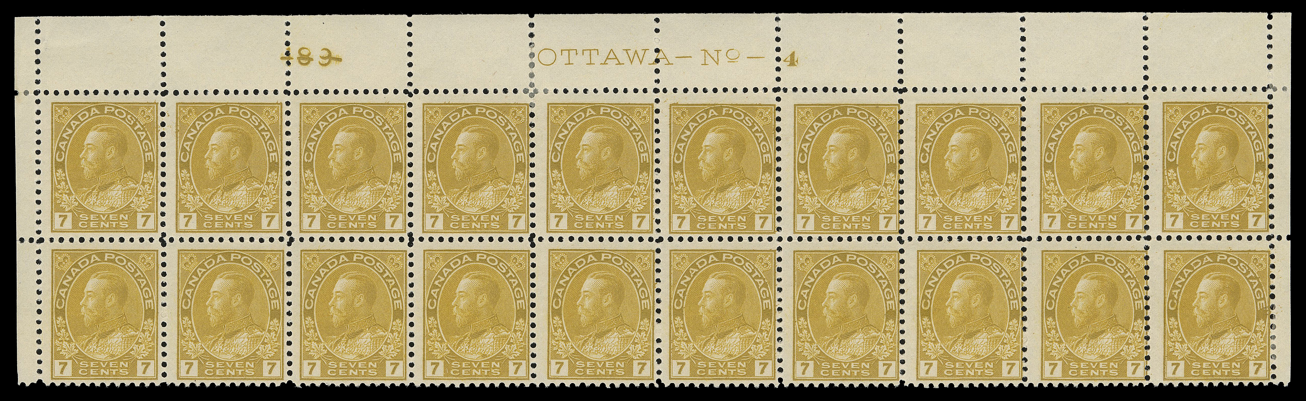 ADMIRAL STAMPS  113a shade,An upper margin Plate 4 block of twenty, remarkably rich colour, a few split perfs strengthened by a hinge, initial printing order number "189" punched out at left, seventeen stamps are NH, Fine+ (Unitrade cat. $1,480)

Provenance: C.M. Jephcott, Maresch Sale 241, June 1990; Lot 825