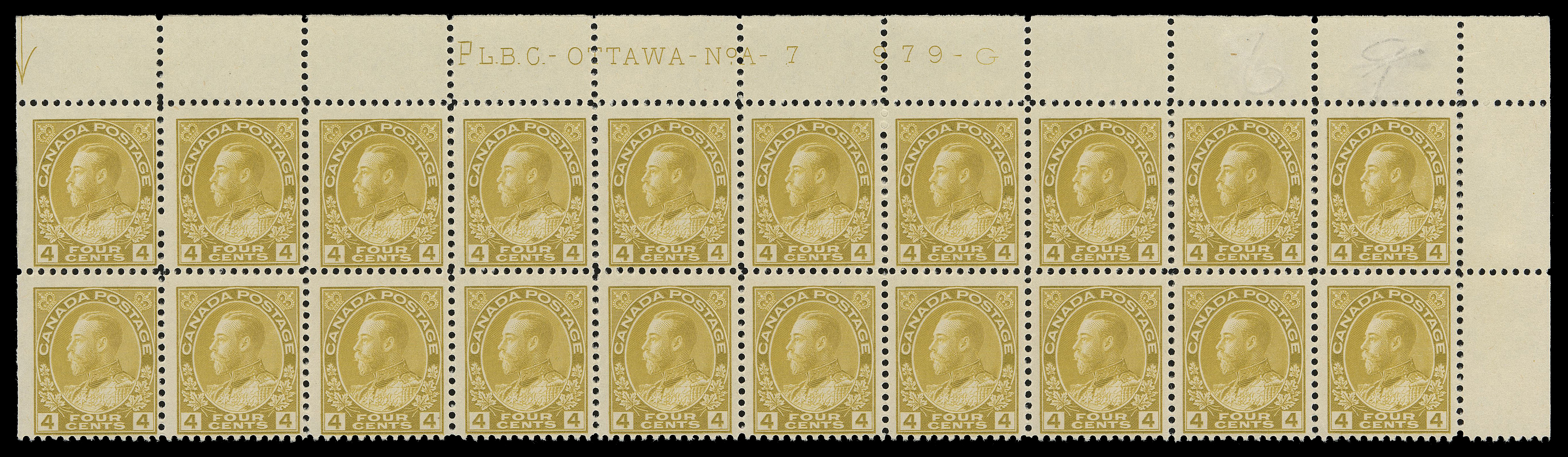 ADMIRAL STAMPS  110d,Upper right Plate 7 block of twenty, etched "P" by the engraver in front of "L.B.C.", erased pencil numbers at top right, hinged on top left stamp and in margin at right, nineteen stamps are NH, Fine and very scarce (Unitrade cat. $1,170)

Provenance: C.M. Jephcott, Maresch Sale 241, June 1990; Lot 781