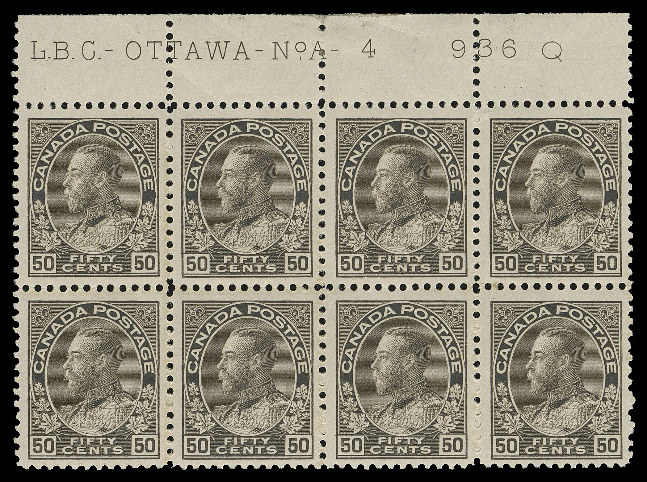 ADMIRAL STAMPS  120,A well centered Plate 4 block of eight with complete imprint and printing order number "936Q"; the re-engraved die showing redrawn framelines associated with the Plate 4 dry printing - a subject of controversy as it was described as "wet printing" and "unique" in "The Admiral Gold Medal Collection" (Robert Bayes Collection), Capex 