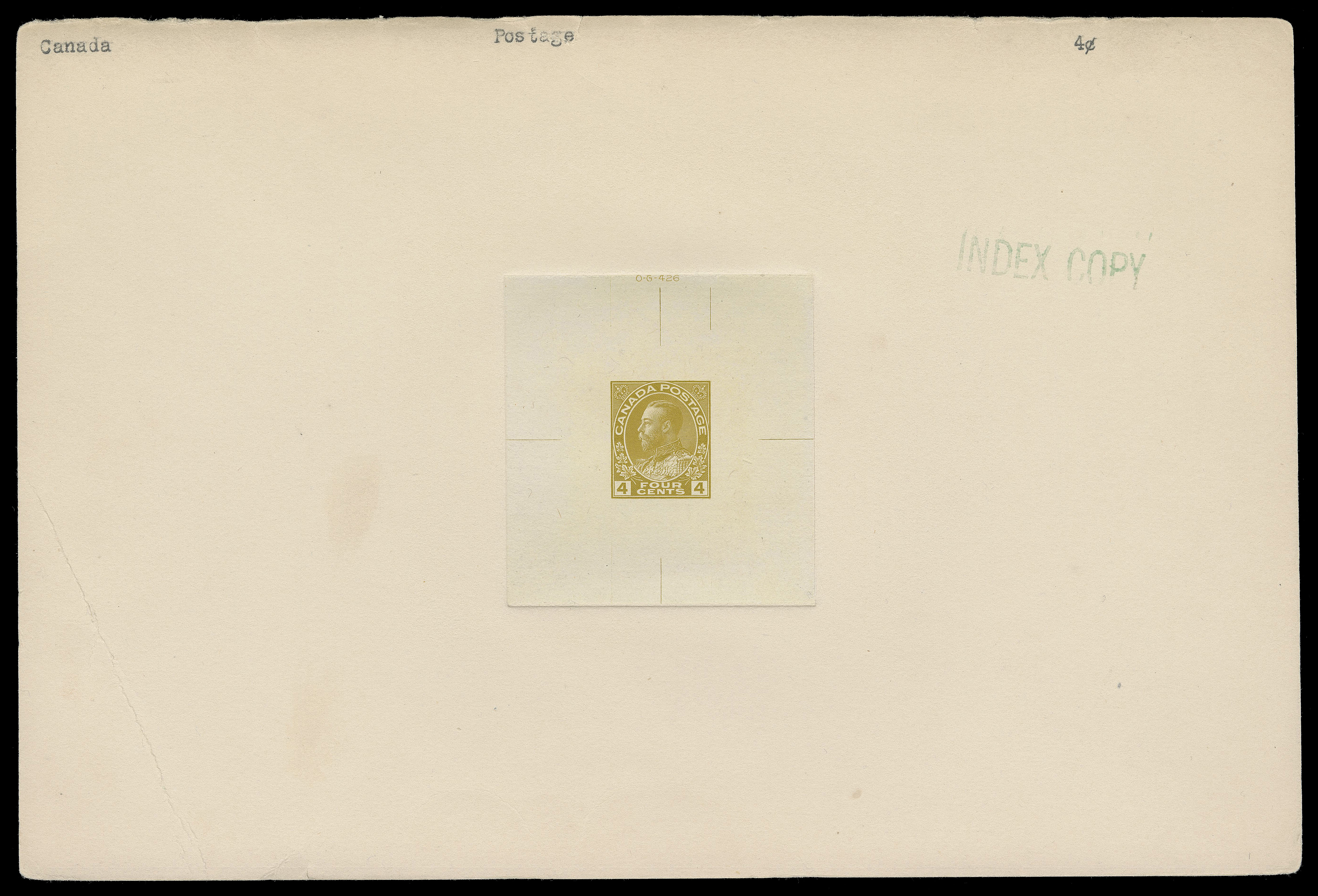 ADMIRAL PROOFS  110,Large Die Proof, printed in olive bistre, issued colour, on india paper 55 x 59mm, die sunk on full-size card 228 x 153mm, showing die number "OG-426" at top and unusual engraver