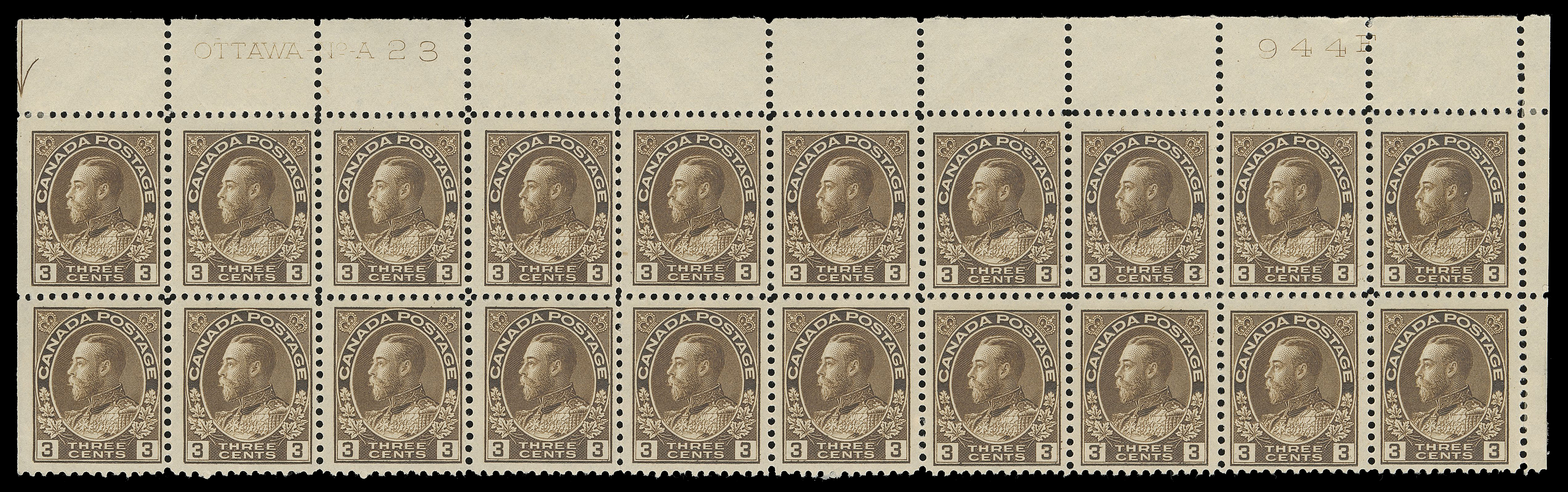 ADMIRAL STAMPS  108 variety,Upper right Plate 23 strip of twenty, quite well centered with deep colour, hinged on straight edged stamps and in right selvedge leaving eighteen stamps NH, F-VF (Unitrade cat. $1,590 as normal stamps)

Stamps in the first three columns show a strong Retouched Vertical Line in upper left and lower left spandrels, among other traits, as discussed in George Marler, "The Admiral Issue of Canada" on page 485. An important plate multiple for the specialist.