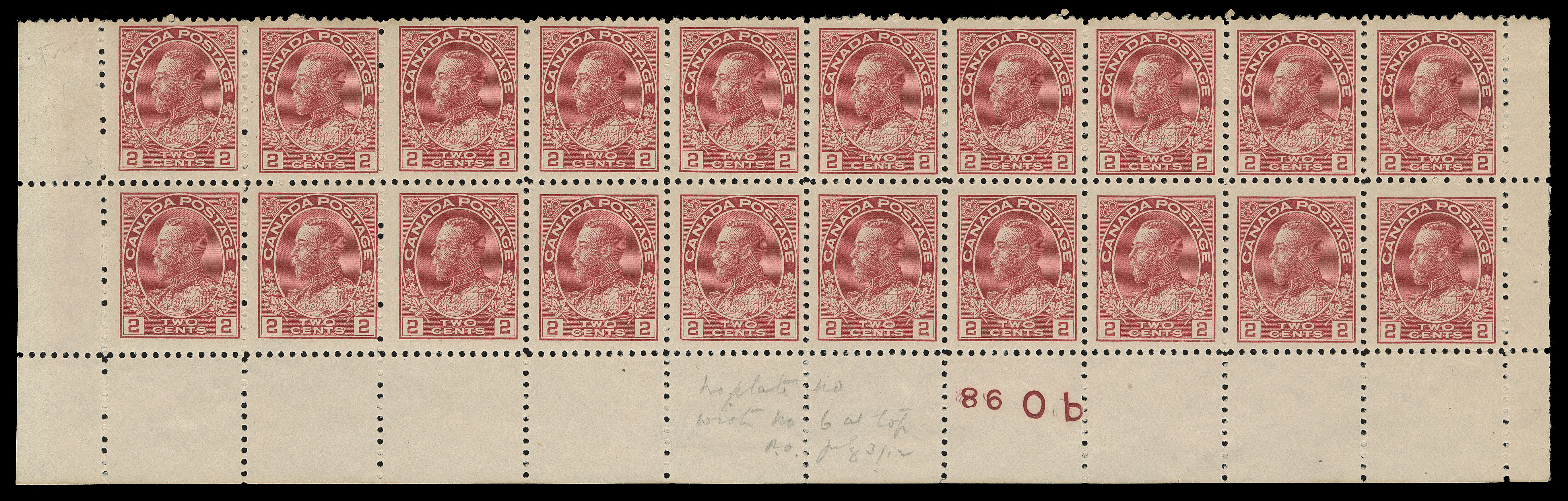 ADMIRAL STAMPS  106c,Lower left strip of twenty, rarely seen without plate number (proving that at least one 2c plate did not have plate imprints in the lower panes); showing instead printing order number "98", reasonably centered in a very distinctive shade resembling the elusive pink colour, top right stamp LH leaving nineteen stamps NH, F-VF; penciled "No plate no. with No. 6 at top P.O. July 3 / 12" date acquisition in selvedge. A fabulous and important "no plate number" strip believed to be UNIQUE in the entire Admiral series. (Unitrade cat. $1,355+)